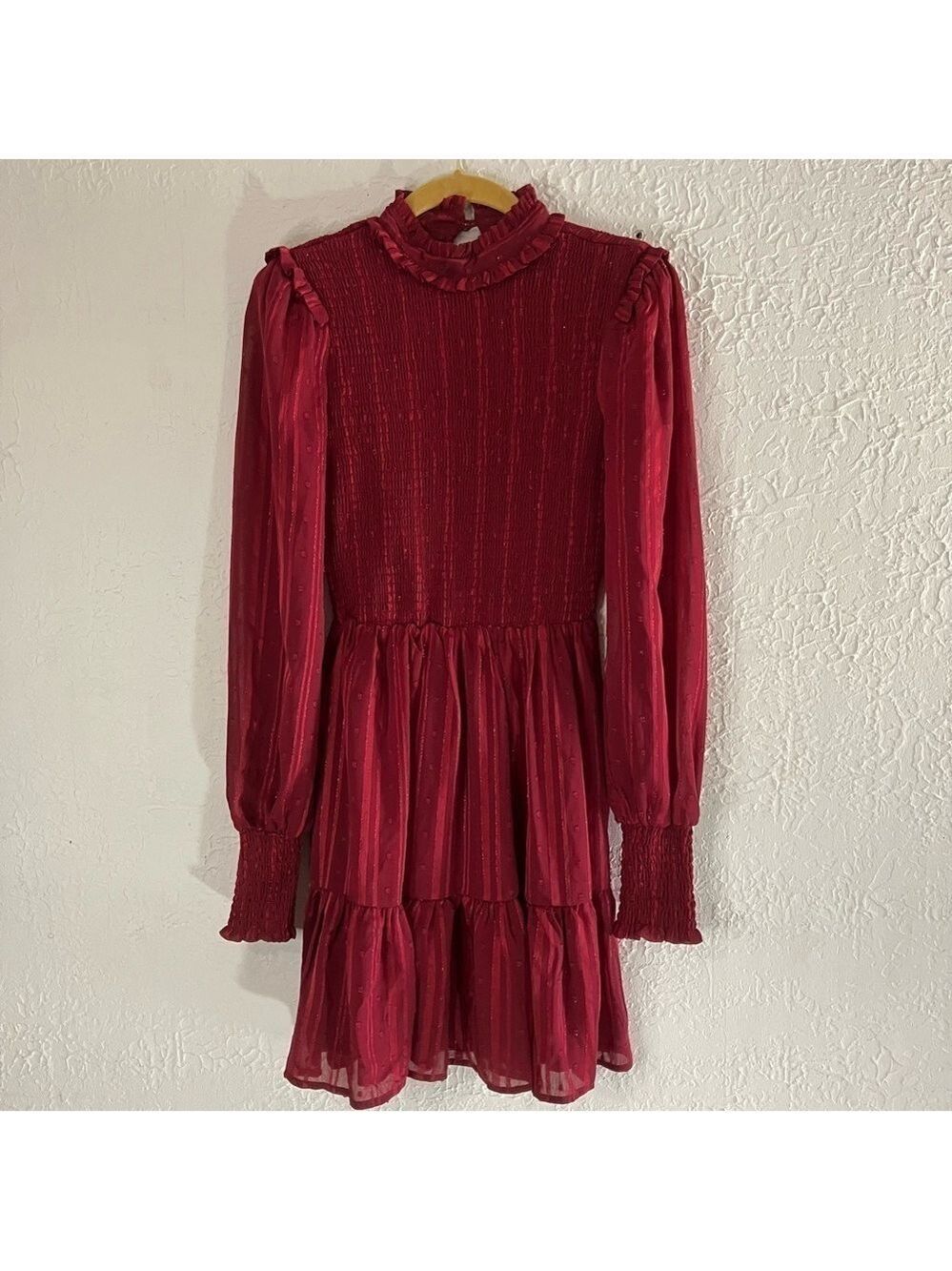 Lulu’s Cheerful Charmer Wine Red Lurex Long Sleeve Mini Dress - Picture 3 of 13